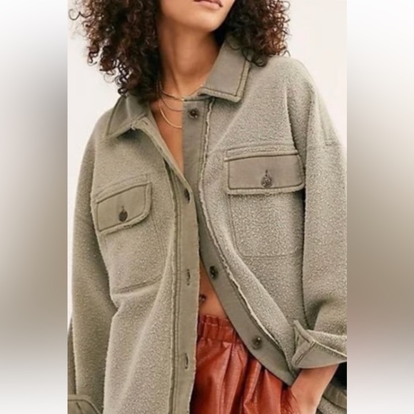 Free People Ruby Fleece Jacket Shacket Greta Green Oversized L - Picture 2 of 4
